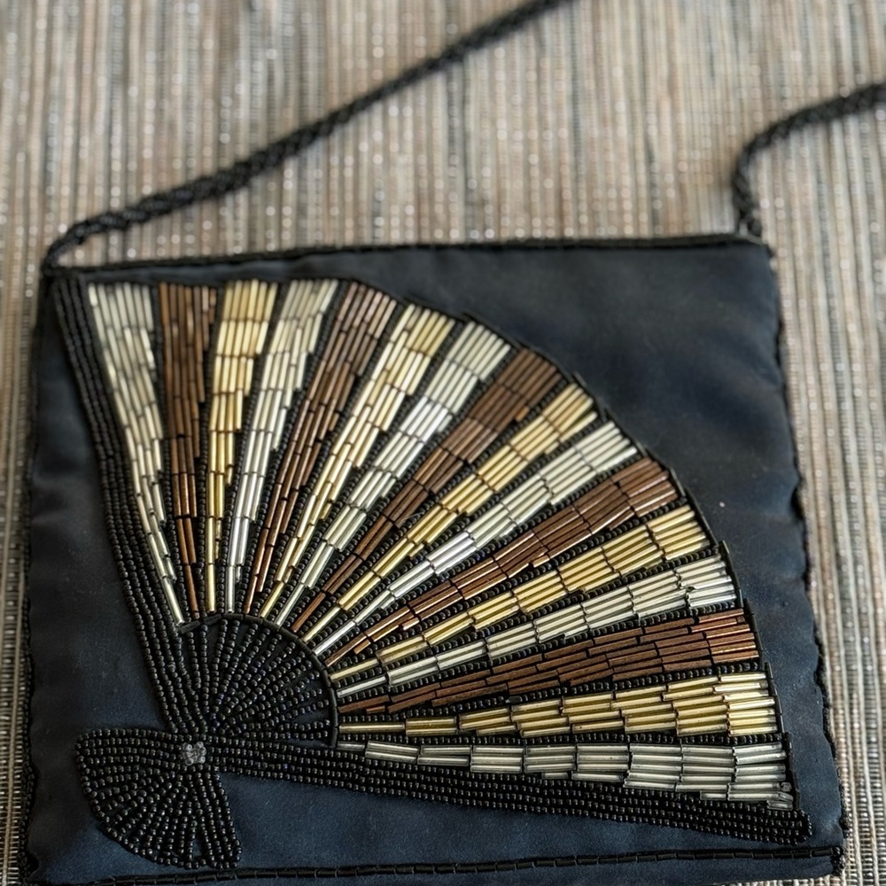 Vintage Elegant Black and Gold Beaded Evening Bag w/ Beaded Strap